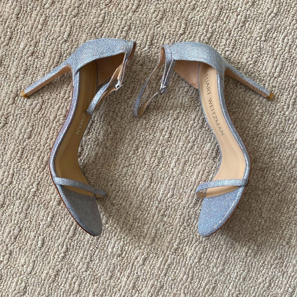 Stuart Weitzman Embellished Silver Sparkle Shimmer Nudistsong Sandals 120 sz 10 - Picture 4 of 11